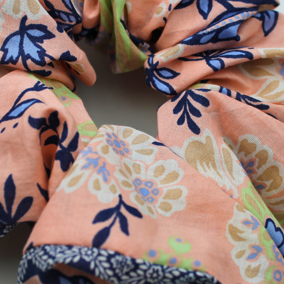 Close-up of a floral patterned fabric with a focus on colors and textures.