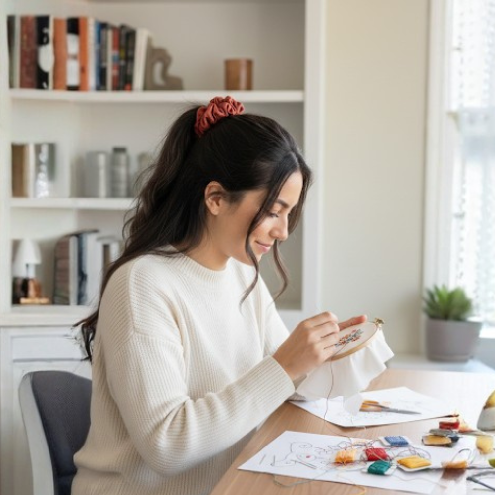 Woman sitting at a table embroidering, smiling with a red scrunchie
