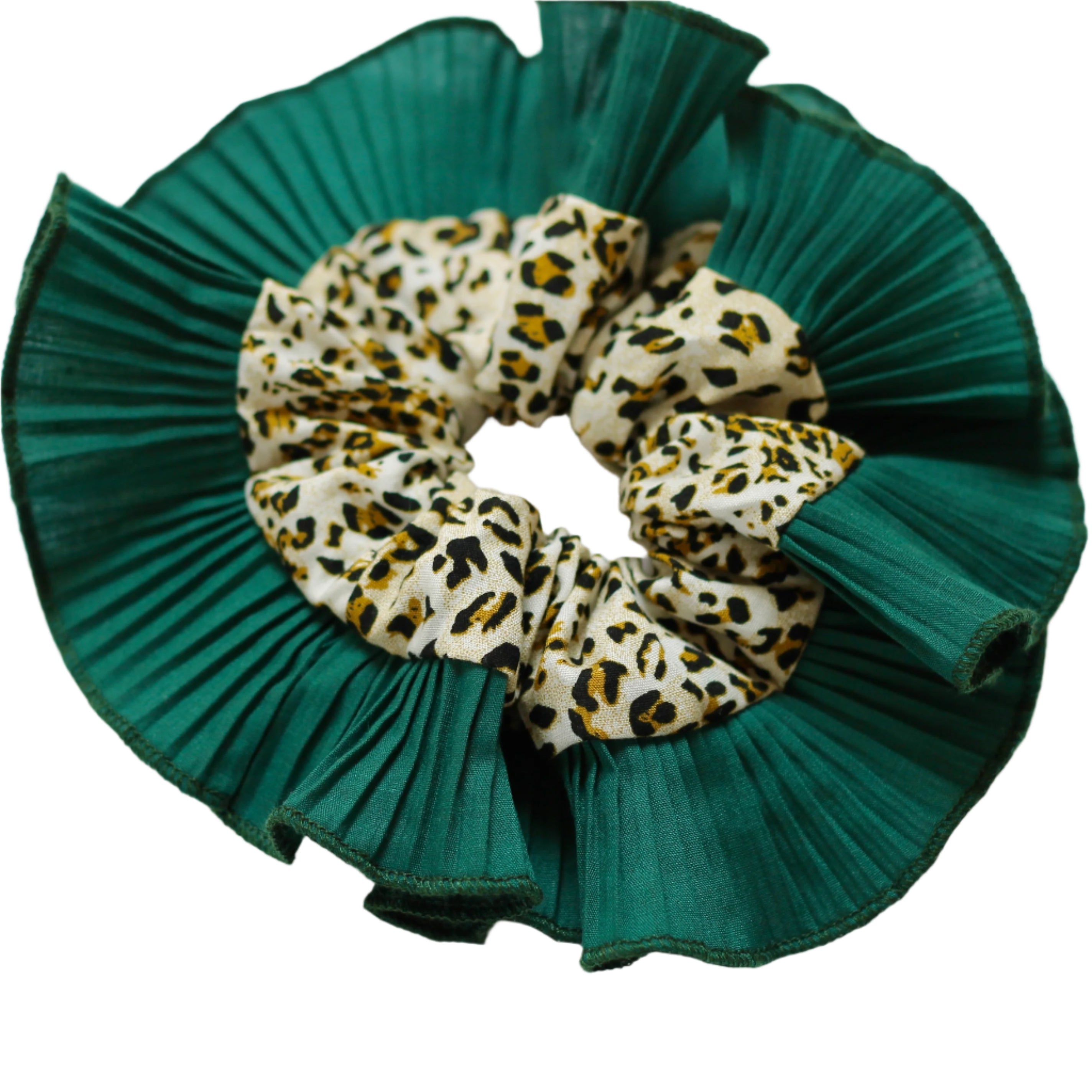 animal print scrunchie with green ruffle