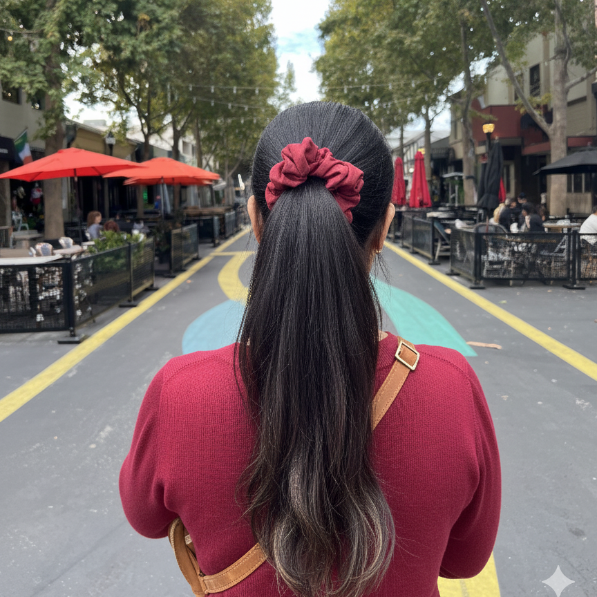Person with a red scrunchie in their hair standing on a street with trees and buildings in the background.