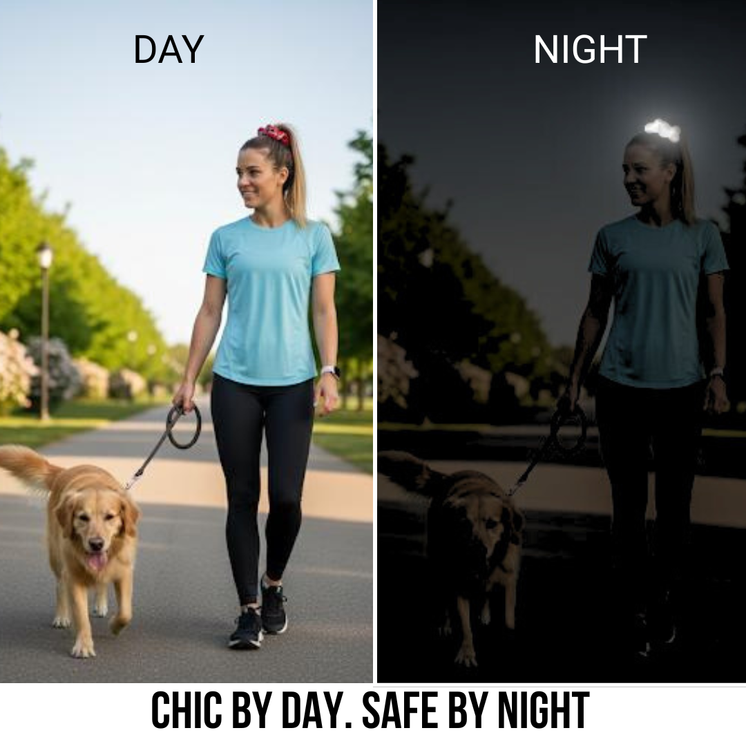 Woman wearing a stylish NightShine hair scrunchie while walking a golden retriever in the park, durable hair tie for sports.