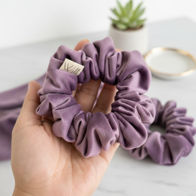 Purple scrunchies held in a hand with a blurred background