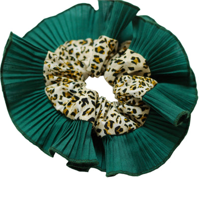 animal print scrunchie with green ruffle