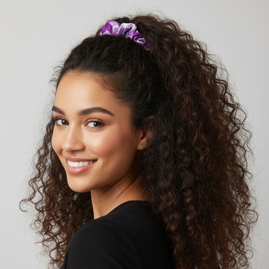 Woman with curly hair wearing a purple scrunchie against a plain background