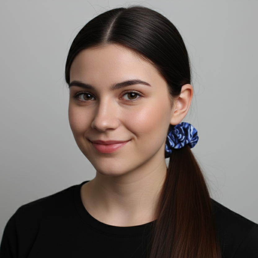 Woman with a ponytail wearing a blue scrunchie against a gray background