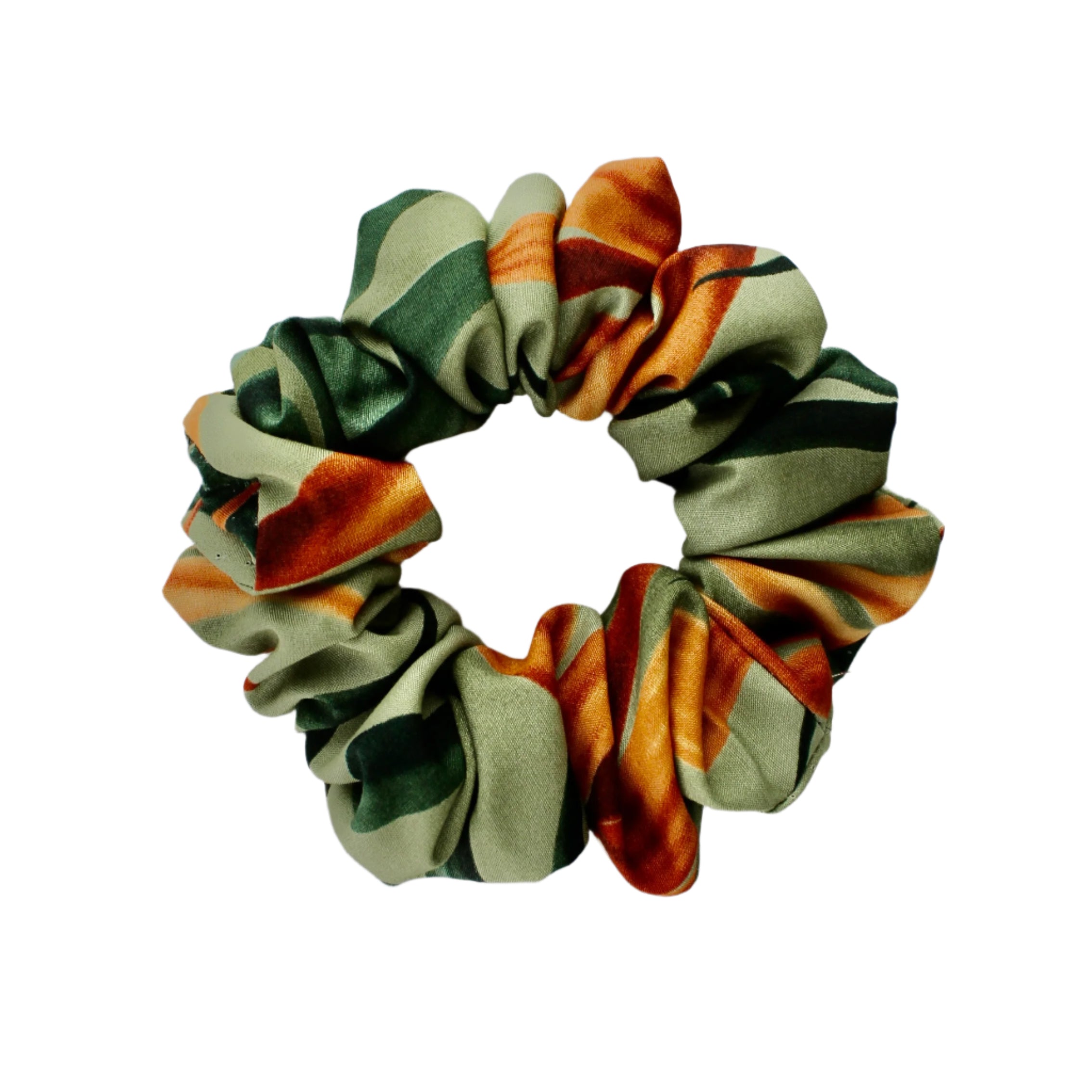 Classic green and orange scrunchie on a white background