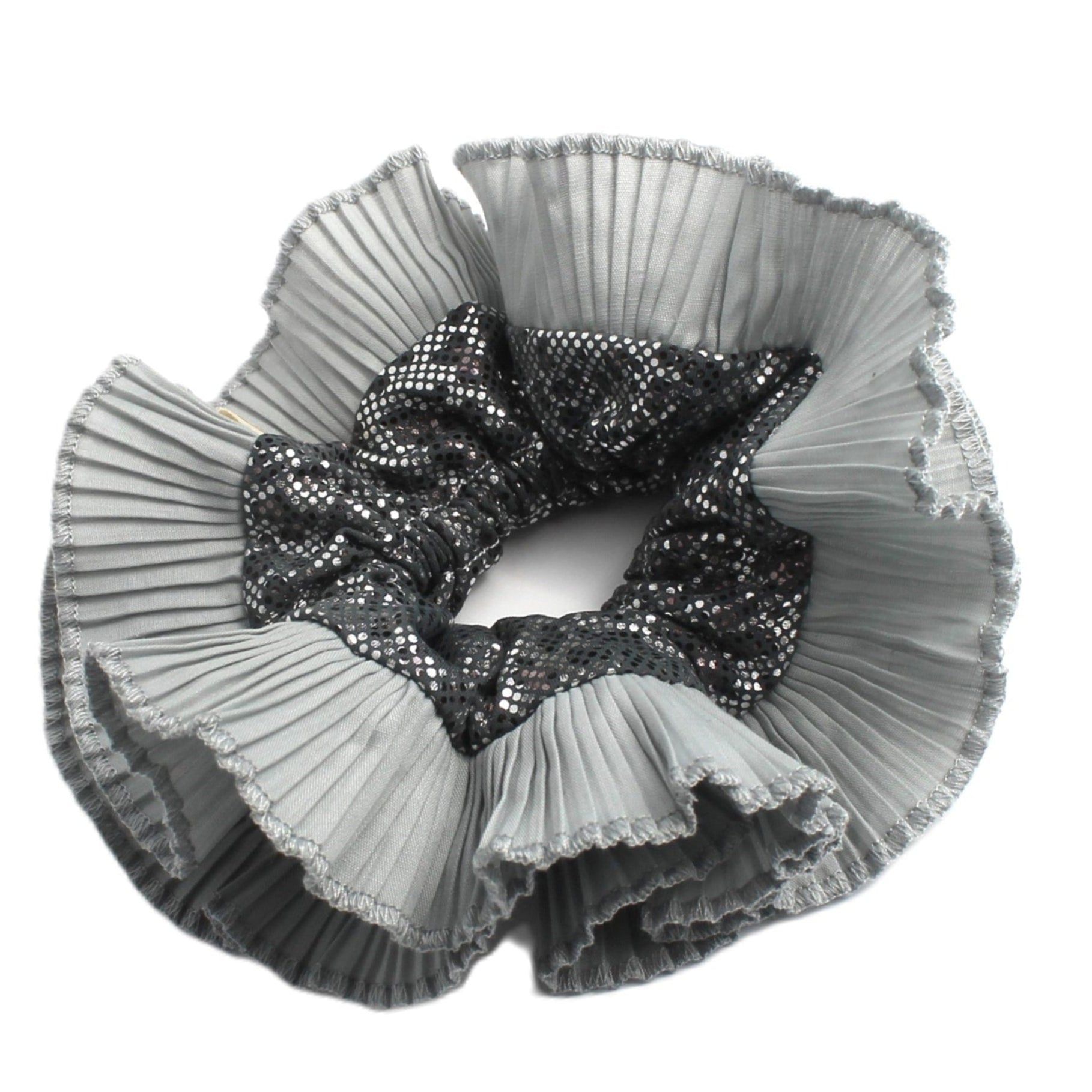 A double ruffle hair scrunchie with a sparkling center in a gray color.