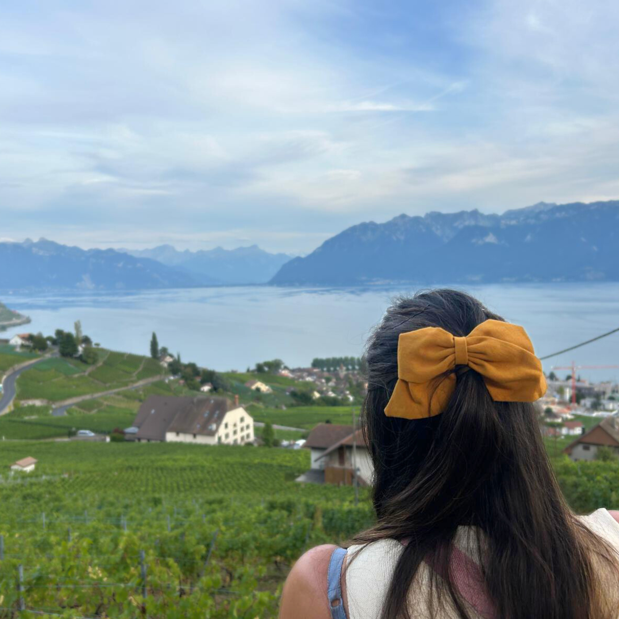 Person with a yellow hair bow overlooking a scenic landscape with mountains and a lake.