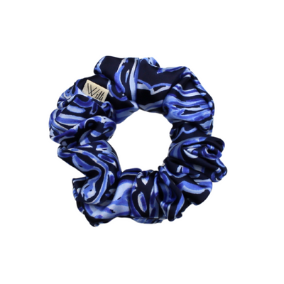 Blue scrunchie with a brand logo on a white background