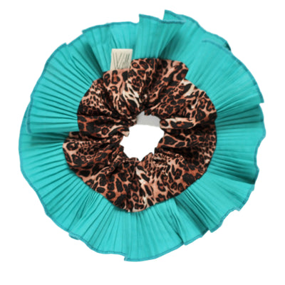 Animal print scrunchie with a teal color ruffle