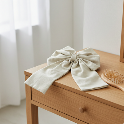 a large beige bow on a wooden dresser with a hairbrush next to it.