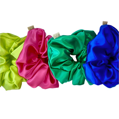 yellow pink green blue satin scrunchie fluor in a line