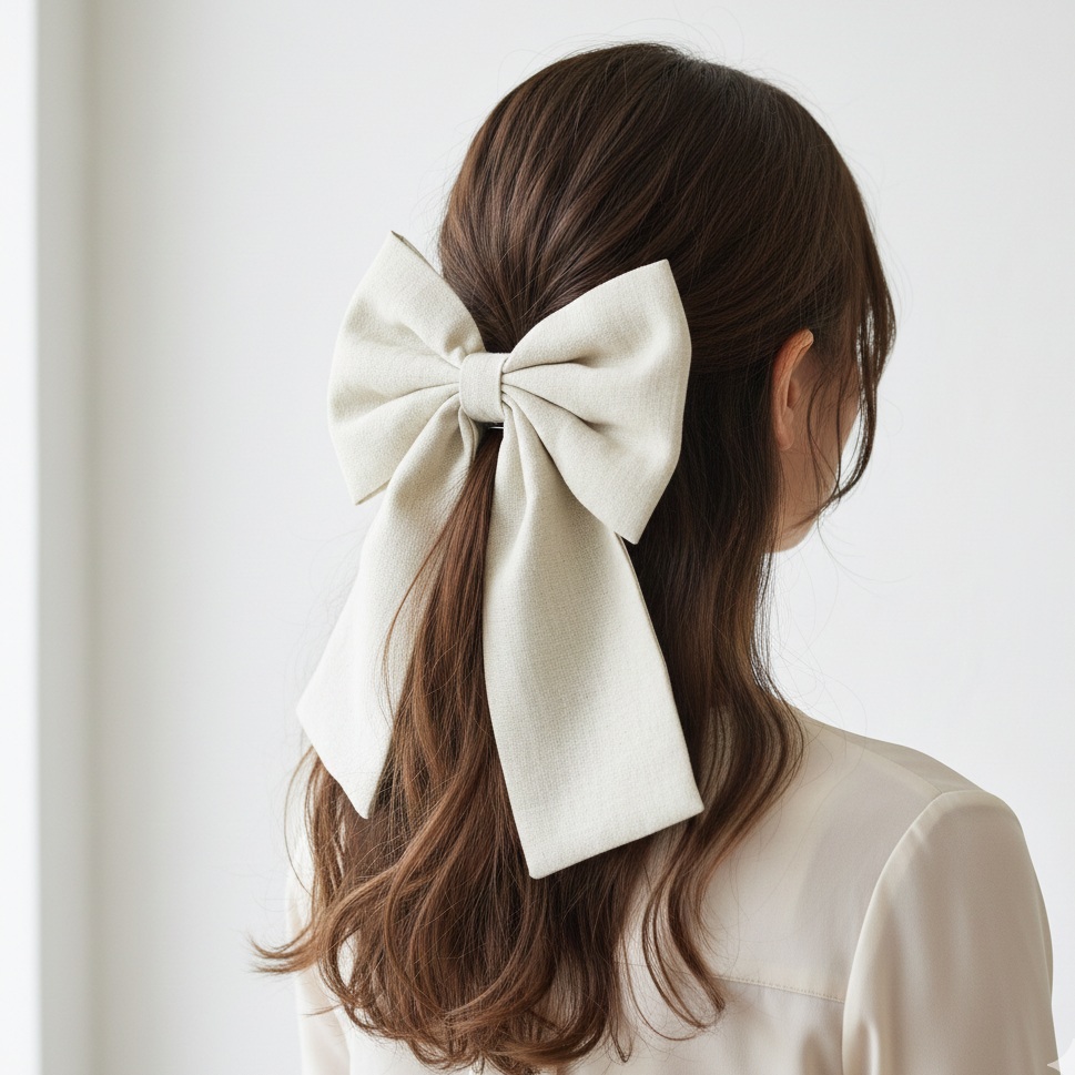 woman with a big beige bow from the back 