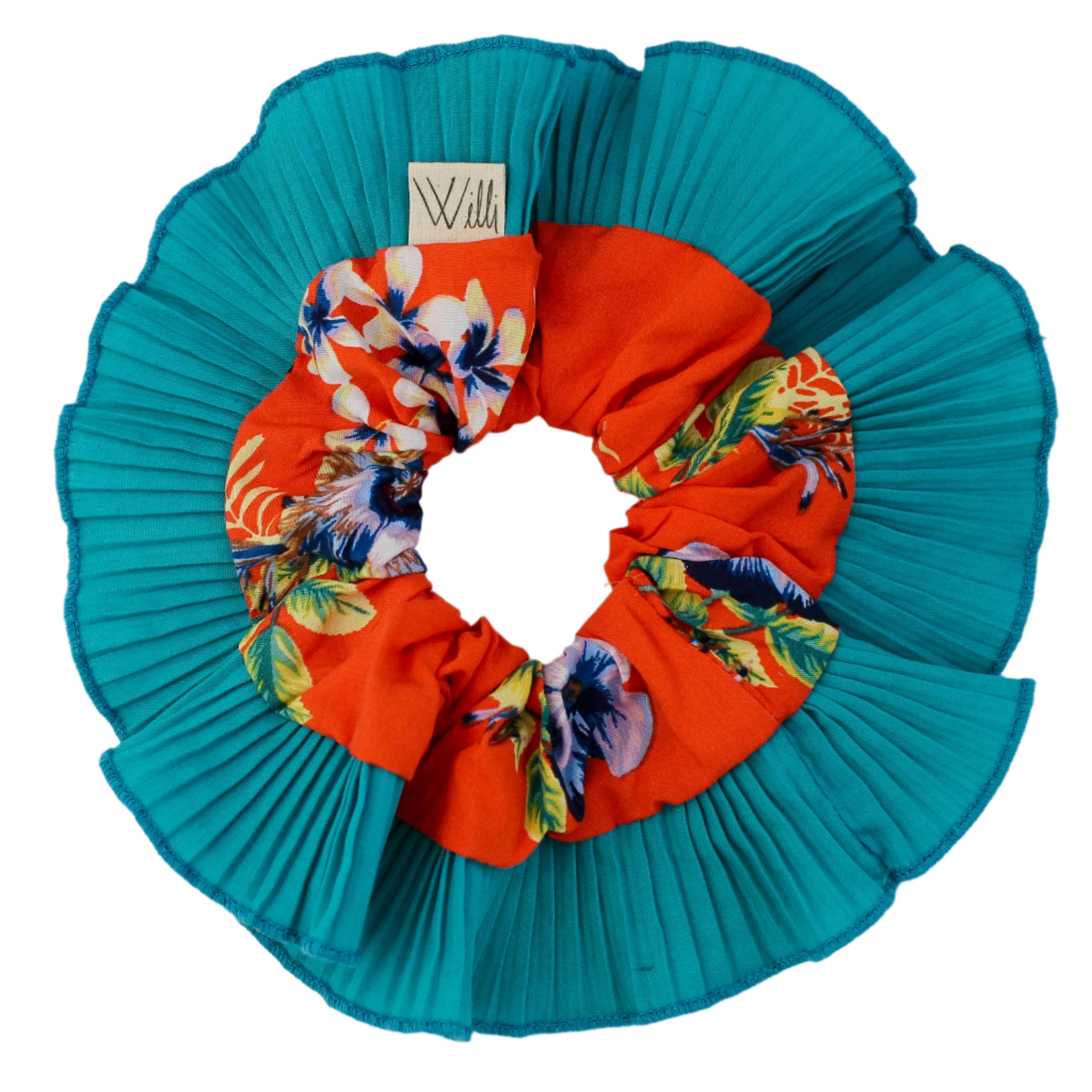 Orange Floral scrunchie with blue base on a white background